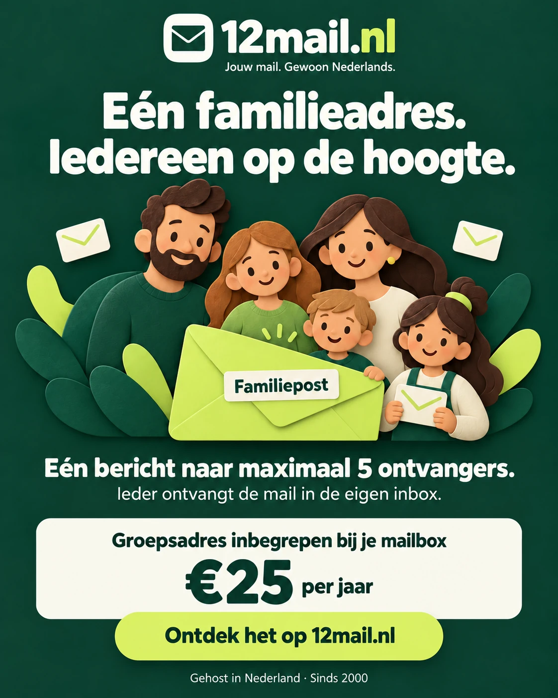 Eén familieadres voor maximaal vijf ontvangers. Inbegrepen bij een mailbox van €25 per jaar.