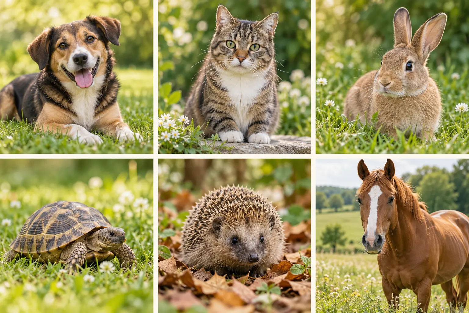 Sfeerbeelden van een hond, kat, konijn, schildpad, egel en paard